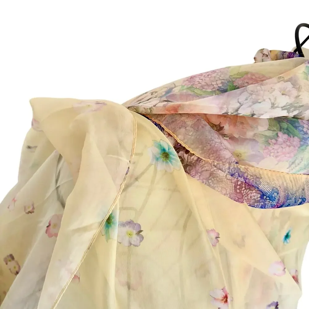 Impressionist Floral  !00% Silk Large Scarf Wrap Shawl Yellow Cottage  56 x 54